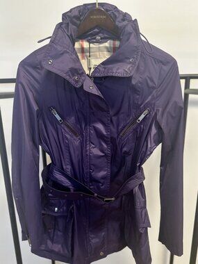 Burberry Purple Hooded Belted Rain Jacket Plaid Lining Size L